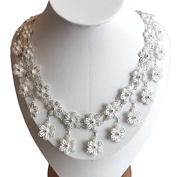 Sterling Silver Filagree Flower Necklace in 2 tier design. 15" length - New - Picture 1 of 2